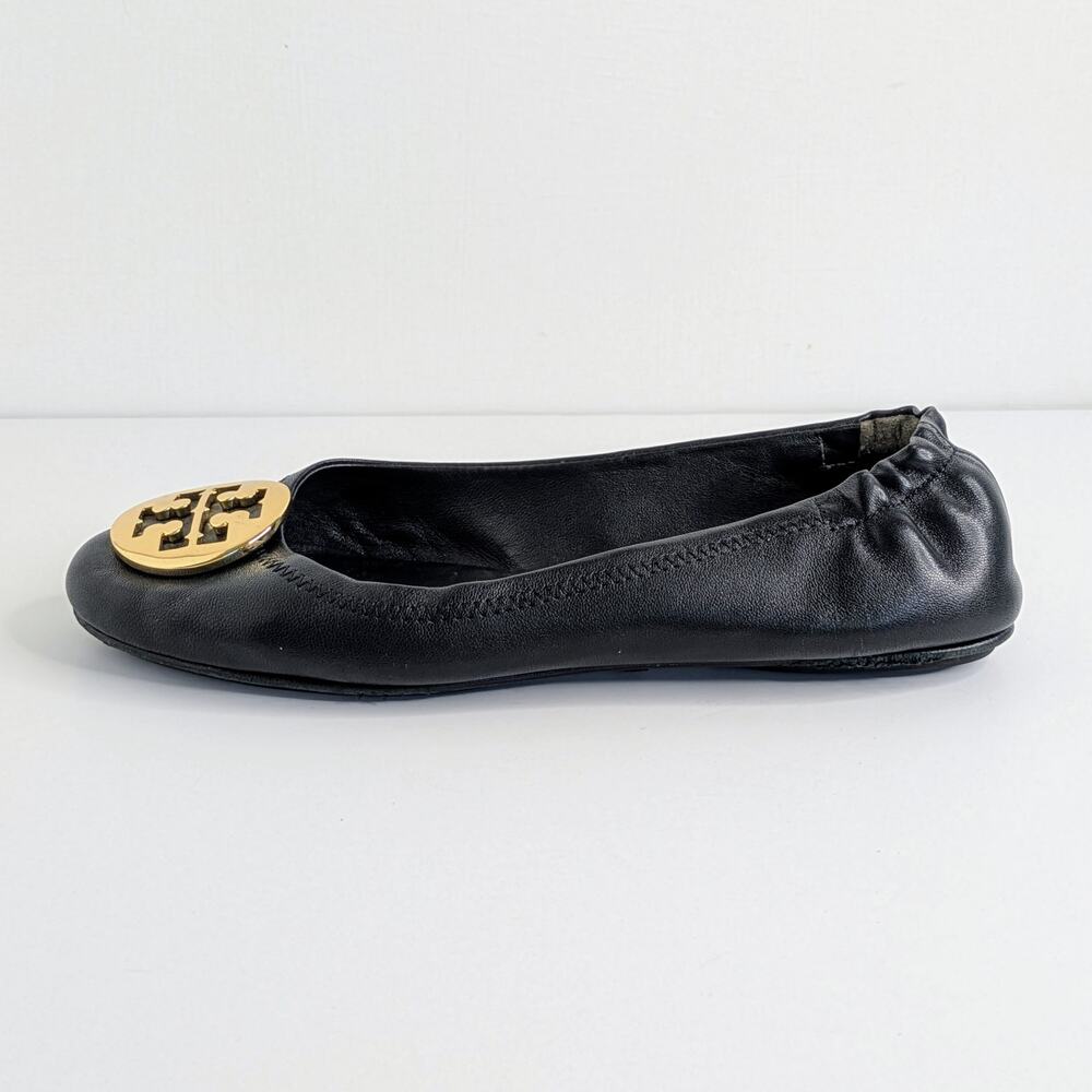 Tory Burch Minnie Travel Flats 8 Black Leather Gold Logo Ballet Designer GUC - Picture 8 of 14
